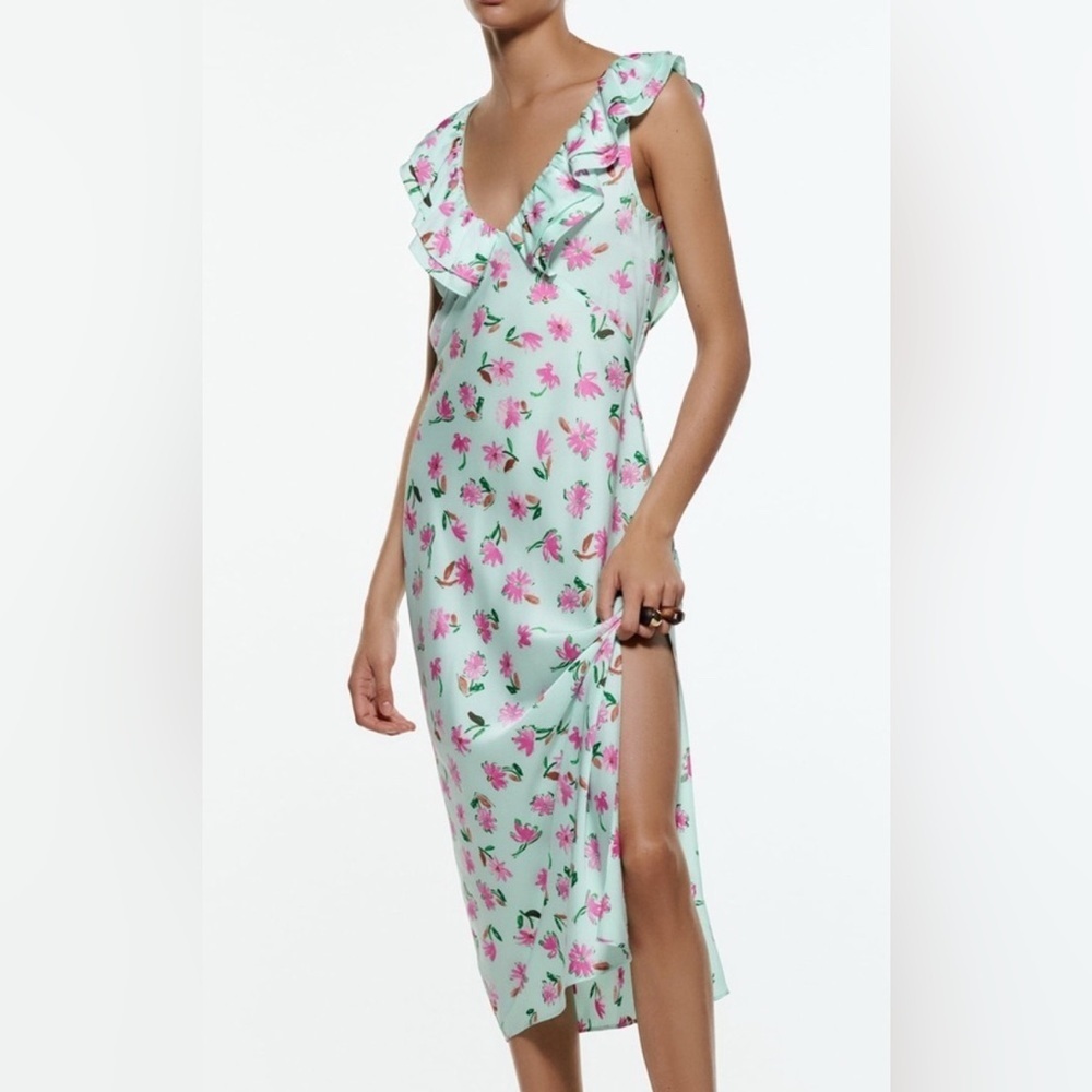 Zara Mint and Pink Floral Ruffled Midi Dress Size Med Coquette Kentucky Derby